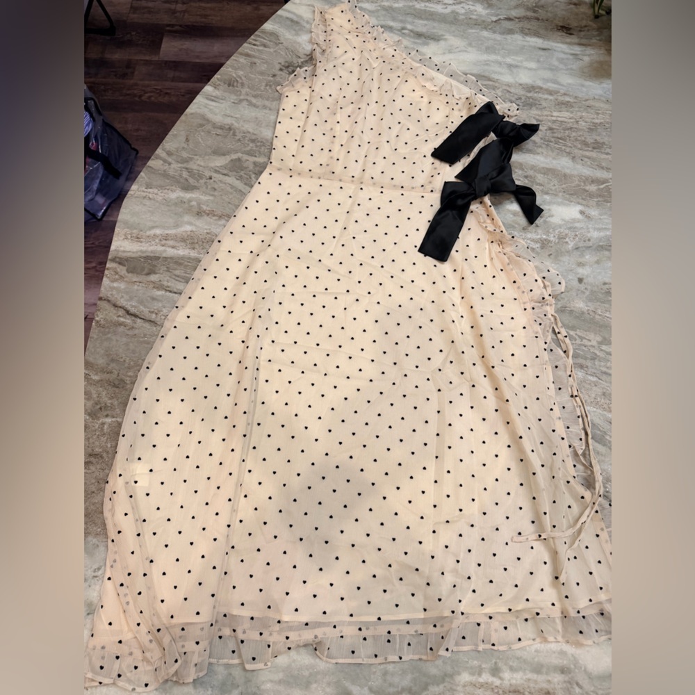 Choosy NWT Cream Heart Print Chiffon Dress Bow Neck Ruffle Hem Size 12